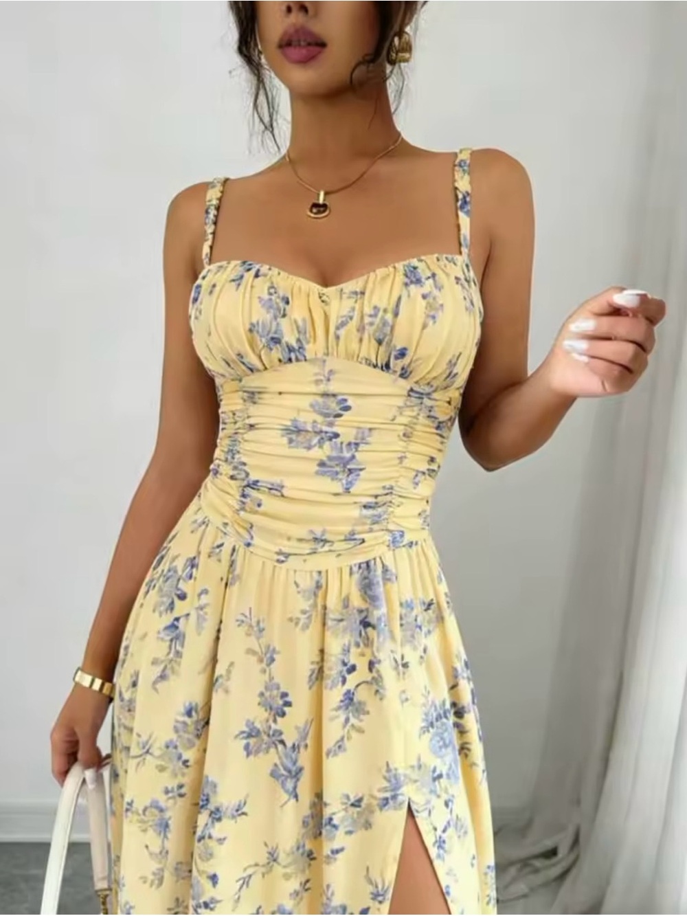 Sunlit Yellow Floral Midi Dress with Ruched Bodice. New never worn.